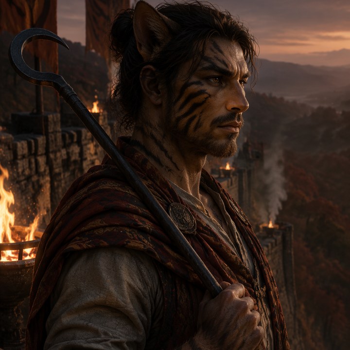A young Tigerian man in profile at dusk, banding on his cheeks and throat, hair tied back off his feline ears: a long iron fire-hook over one shoulder, wall braziers burning along the rampart behind him.