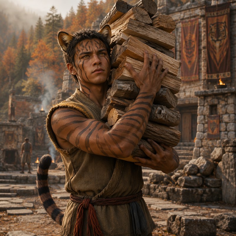 A Tigerian youth hefting an armful of split firewood through a hold lane: faint first banding on his face, striped forearms and tail, feline ears in dark hair, tiger-painted banners and woodsmoke behind.