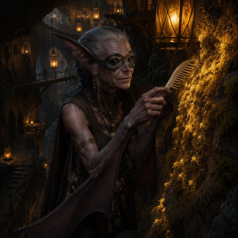 An old Zu'bat moss-keeper combing a wall of glowing amber moss with a bone comb: scalloped torn membrane ears, pelt mask over deep-set eyes, wing membrane draped from her thin arms, lanterns and rope bridges in the dark beyond.