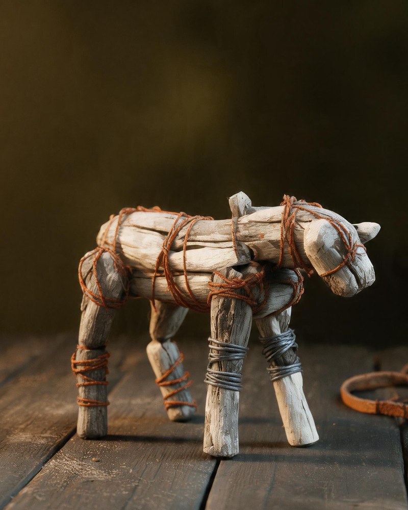 A small four-legged animal figure twisted from salvaged wire, standing on a plank table, mended in several places with different wire.