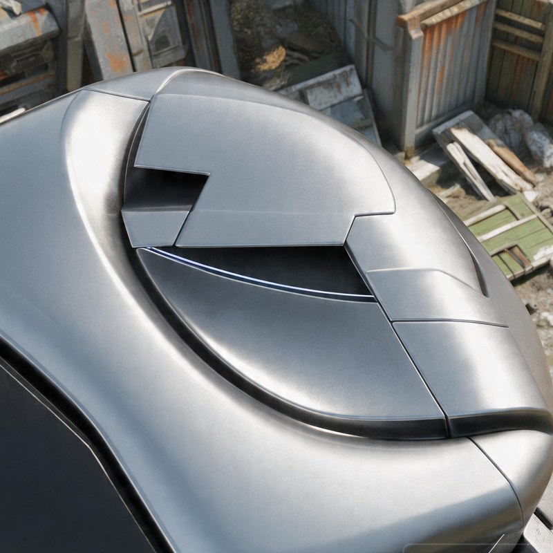 A rounded chrome cowl in a warm junk pile, its stepped relief pattern stopping abruptly mid-line.