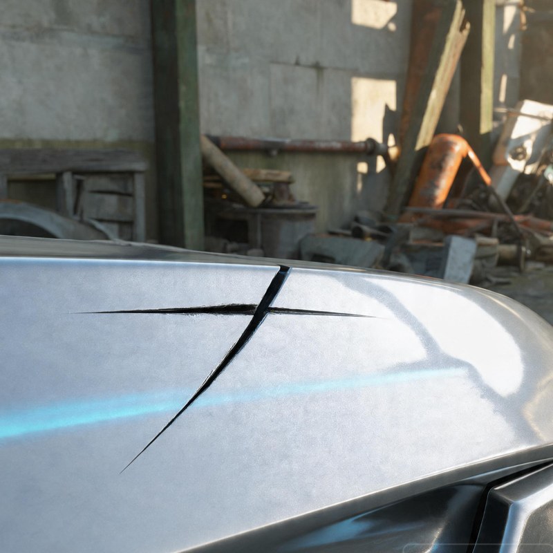 Two hairline scratches crossing on polished plating, the metal beneath the same colour all the way down; one thin blue-lit seam at the edge.