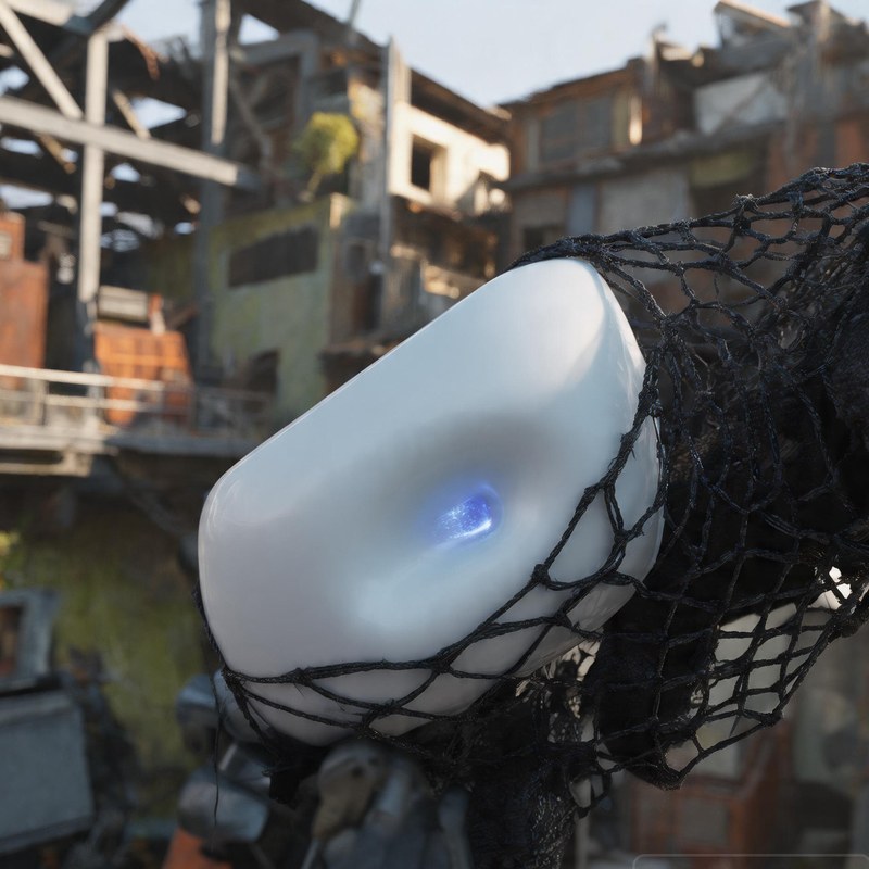 A palm-sized white ovoid caught in a black salvage net, one soft blue point of light inside it.