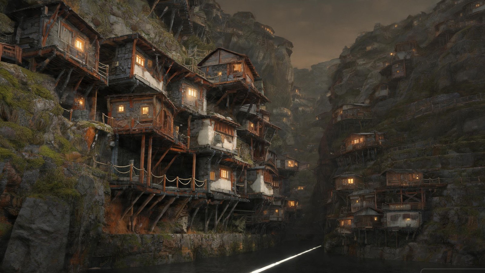 A gorge of stilt houses at dusk above dark water — and lying across the water, one thin, perfectly straight seam of pale light.