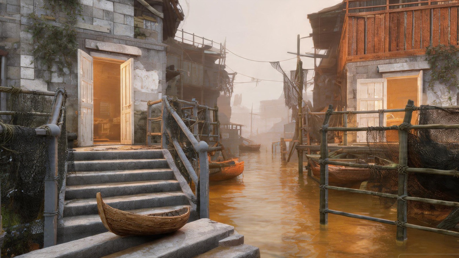A stair-street in Zuna-hal ending in still water, a coracle tied at the lowest dry step, warm doorways above.