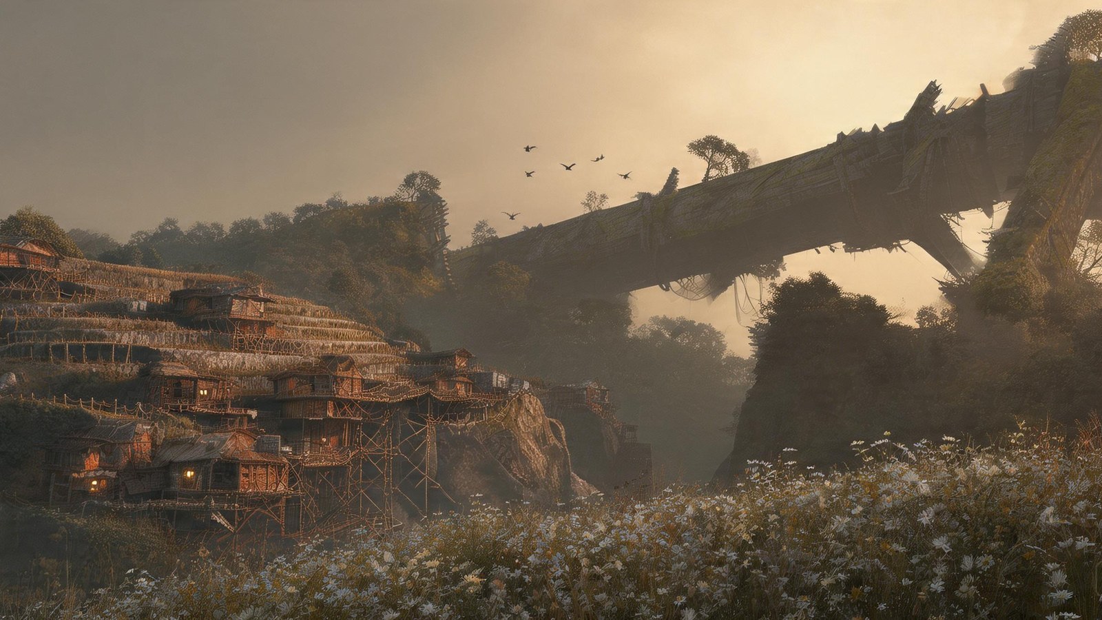 A colossal fallen spine lying through forest and wildflower meadow, terraced dwellings on the hill beside it.