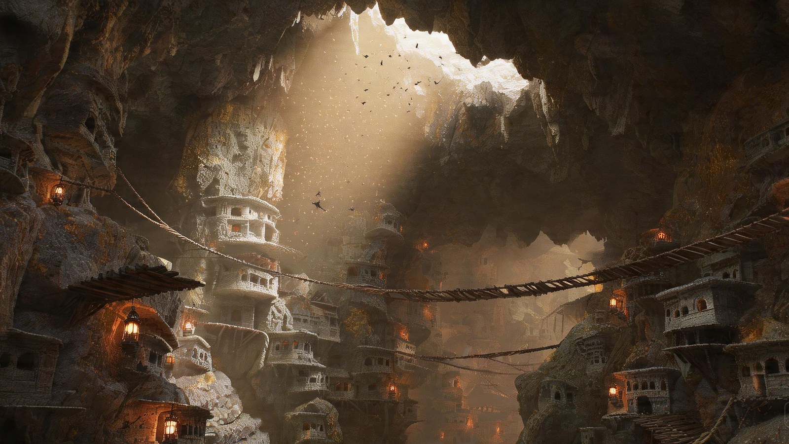 The warren: a vast carved cavern city, one blade of daylight falling from the surface opening, lanterns in the dark tiers.