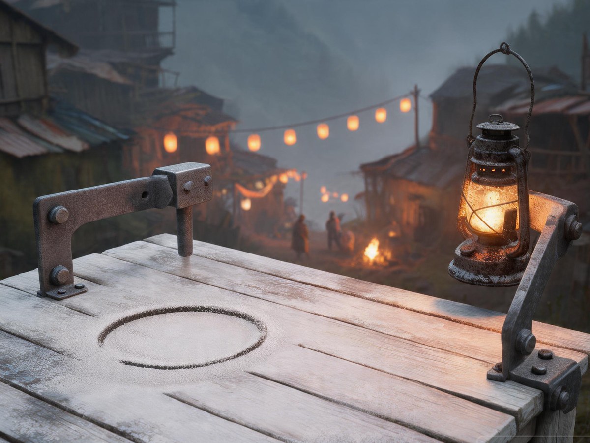 An unbent, empty iron lamp bracket bolted to a plank table beside an undisturbed ring in the dust; a lit, sooted lantern hangs from the next bracket over, the lamp-strung lane far below.