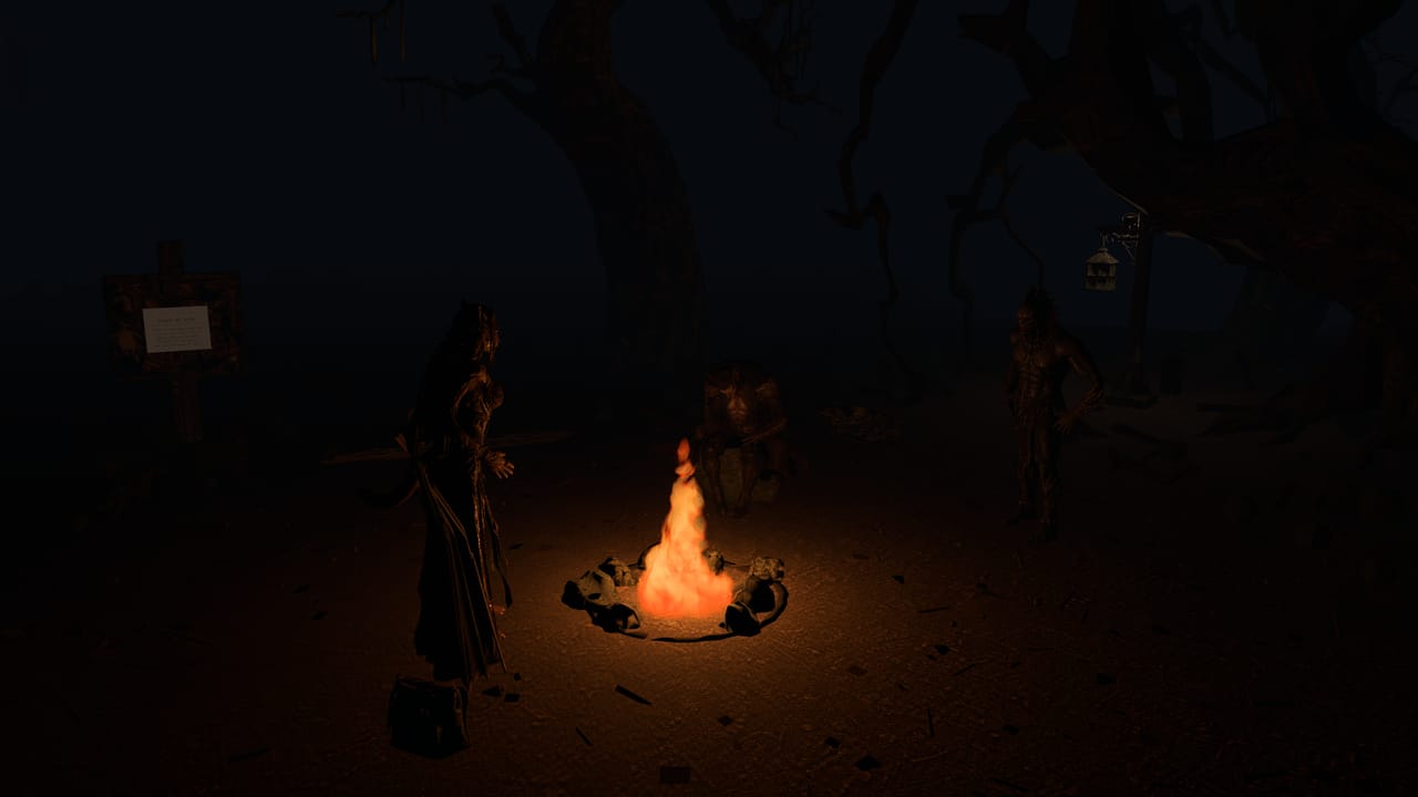 Night in the clearing: a fire in a ring of stones, three figures around it, and a lamp on its post at the edge of the dark.